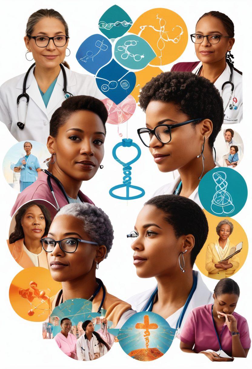 A collage of diverse individuals sharing their cancer journeys, intertwined with medical symbols like stethoscopes and DNA strands. Include warm, hopeful tones to convey emotion, alongside imagery of researchers working in a lab. Add visual elements like books and journals to represent narratives, creating a powerful message of resilience and innovation. super-realistic. vibrant colors. white background.
