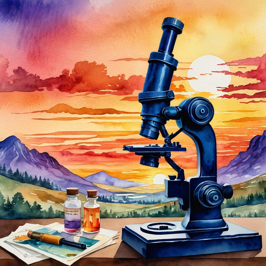 An artistic timeline weaving through ancient and modern landscapes, illustrating key milestones in oncology history, interspersed with symbolic representations of cancer awareness: a vintage microscope, a ribbon, and a sunset backdrop. The journey should be depicted with vibrant colors, showcasing both the struggles and triumphs, inviting viewers to reflect on progress. watercolor painting. vintage style. warm color palette.